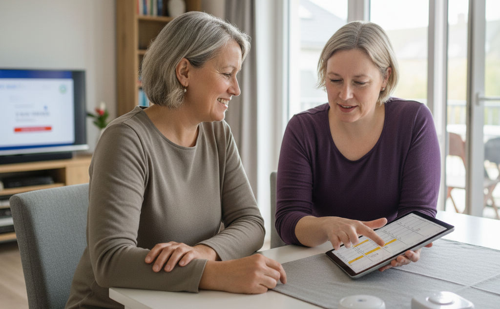 Foto von ambulant betreutem Wohnen: eine erwachsene Frau wird von einer anderen Frau am Tisch in ihrer Wohnung betreut
