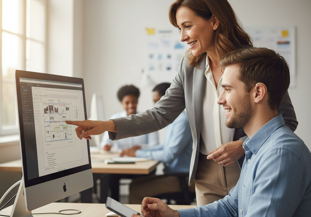 Foto von einer Frau stehend, neben einem Mann, der an einem Tisch vor einem PC sitzt