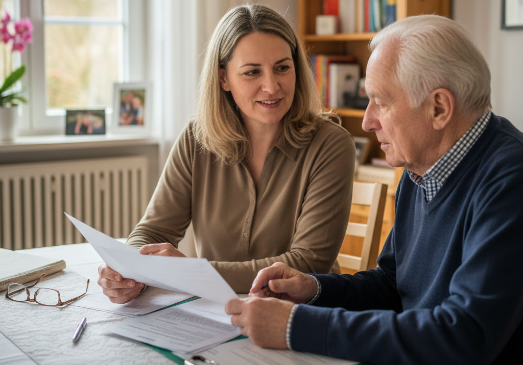 Foto von einer Frau am Tisch, daneben ein älterer Mann mit vielen Papieren