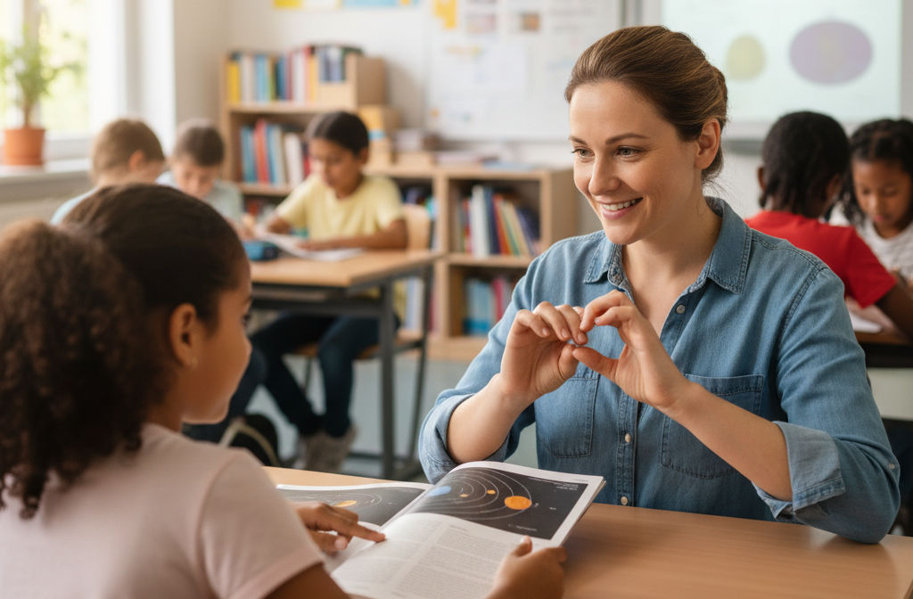 Foto einer Schulbegleitung: eine erwachsene Frau sitzt in einer Schuklasse bei einer Schülerin